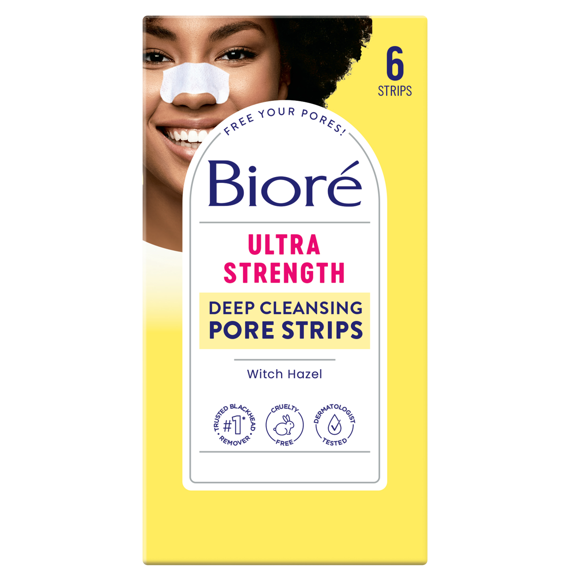 slide 1 of 5, Biore Witch Hazel Blackhead Remover Pore Strips, Nose Strips, Clears Pores up to 2x More than Original Pore Strips, features C-Bond Technology, Oil-Free, Non-Comedogenic Use, 6 Count, 6 ct