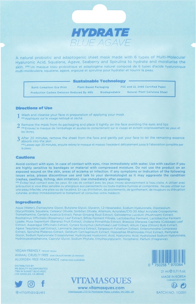 slide 12 of 14, Vitamasques Hydrate Biodegradable Blue Agave Sheet Mask & Eco-Pouch 0.74 fl oz, 1 ct