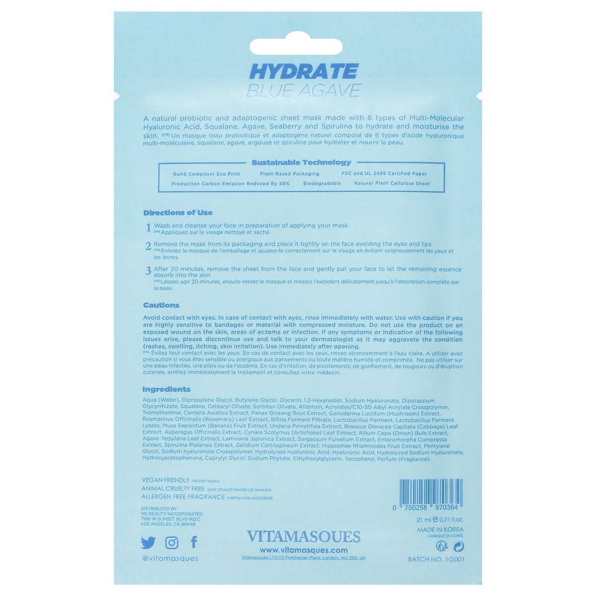 slide 4 of 14, Vitamasques Hydrate Biodegradable Blue Agave Sheet Mask & Eco-Pouch 0.74 fl oz, 1 ct