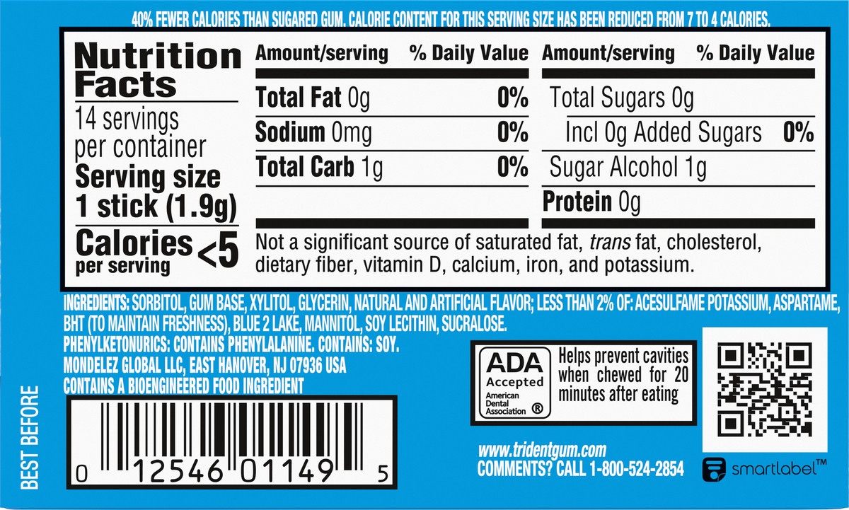 slide 9 of 9, Trident Mint Bliss Sugar Free Gum, Made with Xylitol, 14 Piece Pack, 0.06 lb