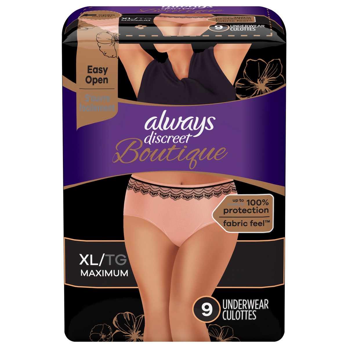 slide 1 of 5, Always Discreet Boutique Incontinence and Postpartum Underwear for Women, Maximum Protection, XL, Rosy, 9 Count, 9 ct