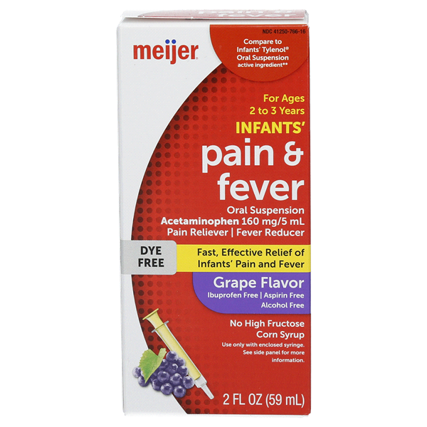 slide 1 of 29, Meijer Infants' Pain & Fever, Acetaminophen per, Suspension Liquid, Dye-Free Grape Flavor, 160 mg, 5 ml, 2 oz