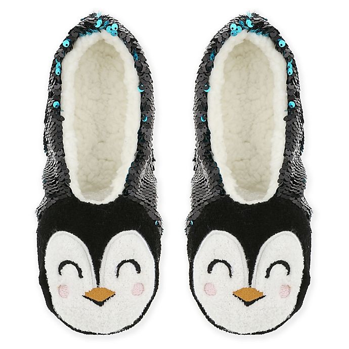 slide 1 of 1, Capelli New York Women's Medium/Large Sequin Penguin Sherpa Slippers - Black, 1 ct