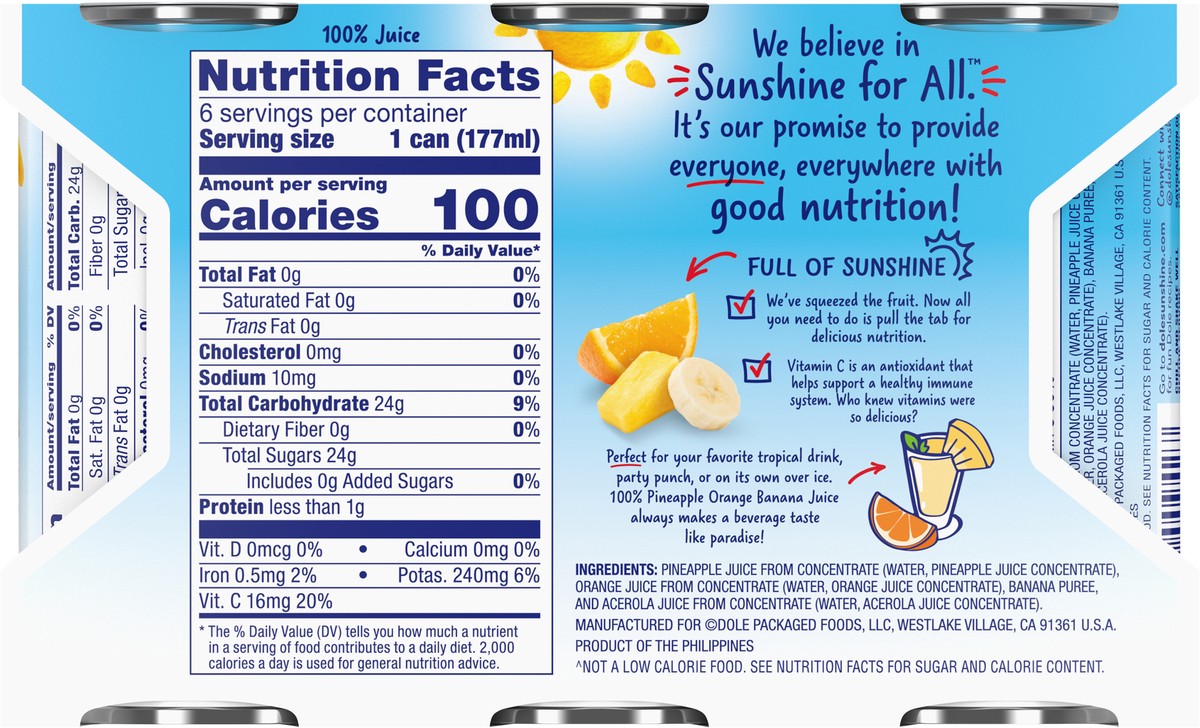 slide 3 of 9, Dole 100% Pineapple Orange Banana Juice - 6 ct, 6 ct