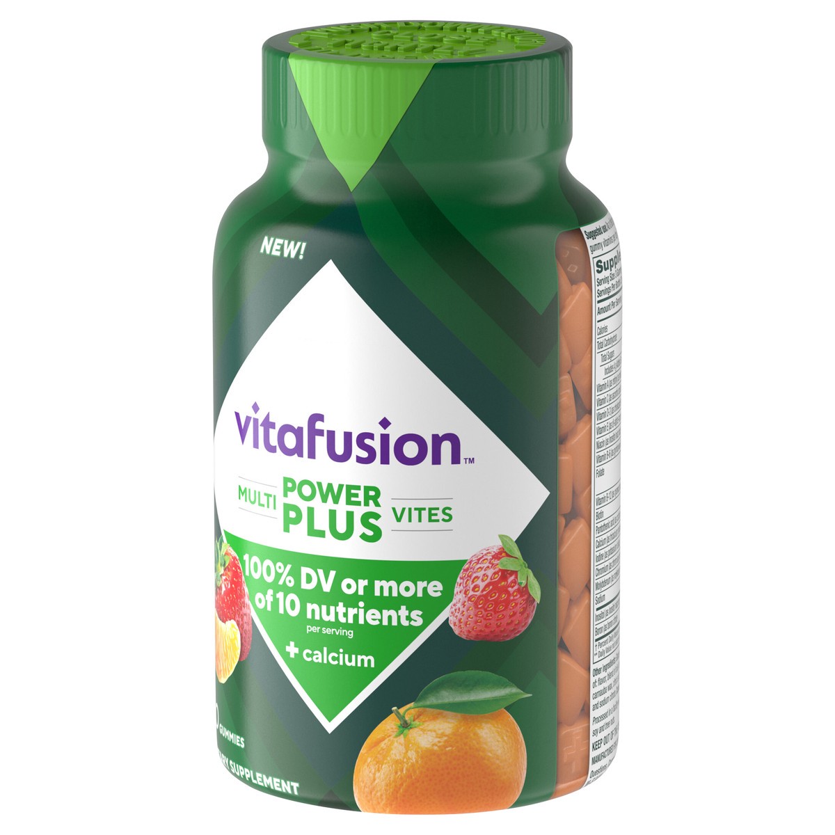 slide 7 of 14, vitafusion Power Plus Multivites 100% Daily Value or More of 10 Nutrients Plus Calcium, Supports Bones, Teeth, Energy Metabolism, Eye, Muscle & Immune Health (1), Strawberry Tangerine Flavor, 90 Count, 90 ct