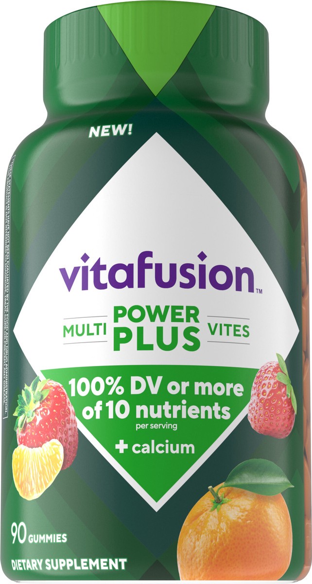 slide 8 of 14, vitafusion Power Plus Multivites 100% Daily Value or More of 10 Nutrients Plus Calcium, Supports Bones, Teeth, Energy Metabolism, Eye, Muscle & Immune Health (1), Strawberry Tangerine Flavor, 90 Count, 90 ct