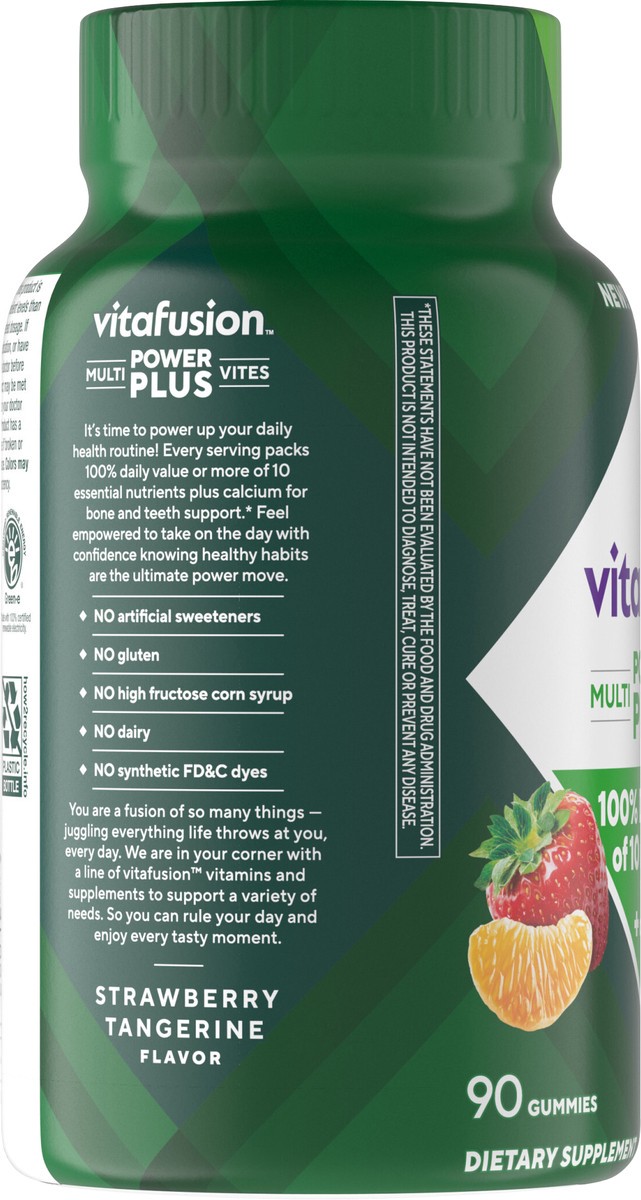 slide 13 of 14, vitafusion Power Plus Multivites 100% Daily Value or More of 10 Nutrients Plus Calcium, Supports Bones, Teeth, Energy Metabolism, Eye, Muscle & Immune Health (1), Strawberry Tangerine Flavor, 90 Count, 90 ct