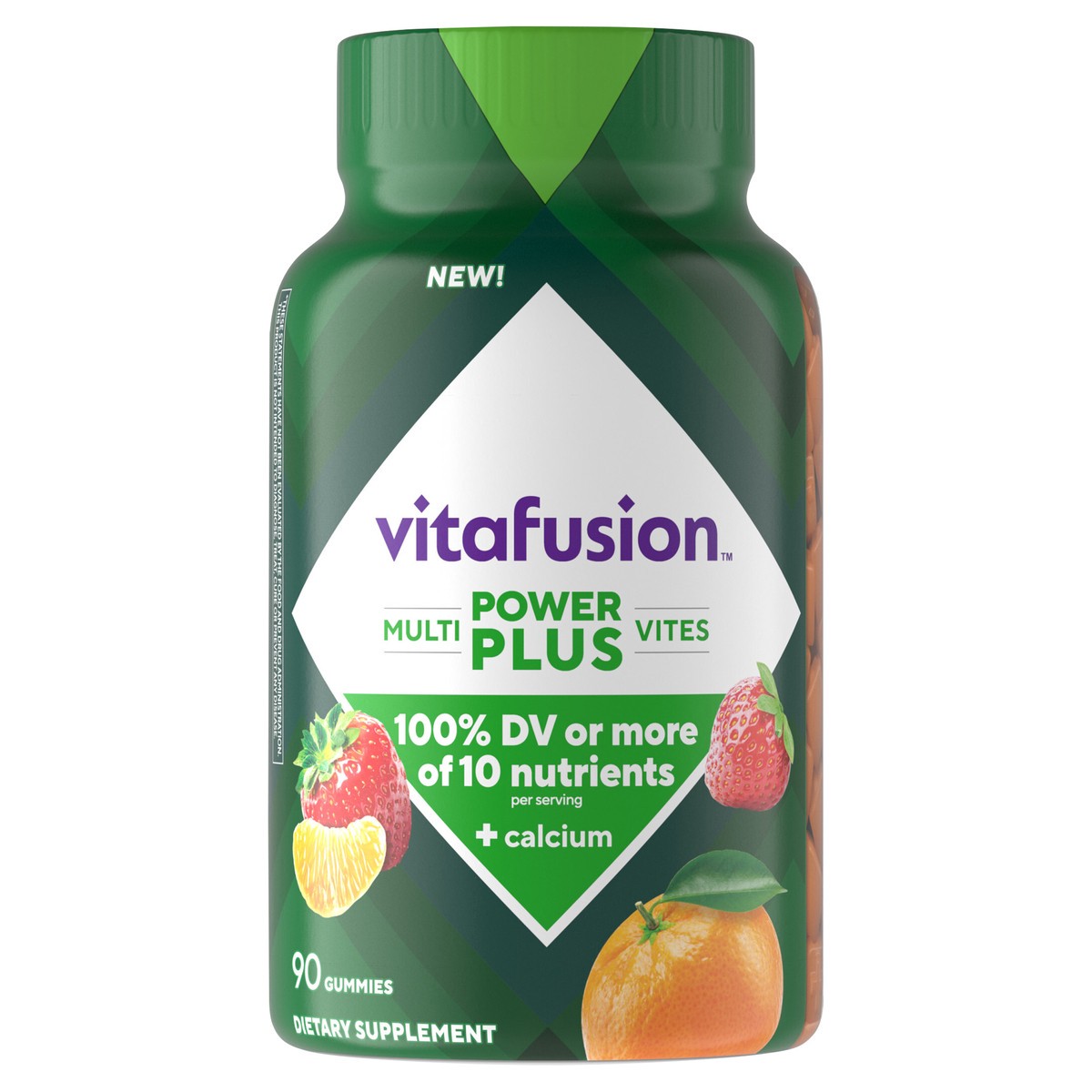 slide 1 of 14, vitafusion Power Plus Multivites 100% Daily Value or More of 10 Nutrients Plus Calcium, Supports Bones, Teeth, Energy Metabolism, Eye, Muscle & Immune Health (1), Strawberry Tangerine Flavor, 90 Count, 90 ct