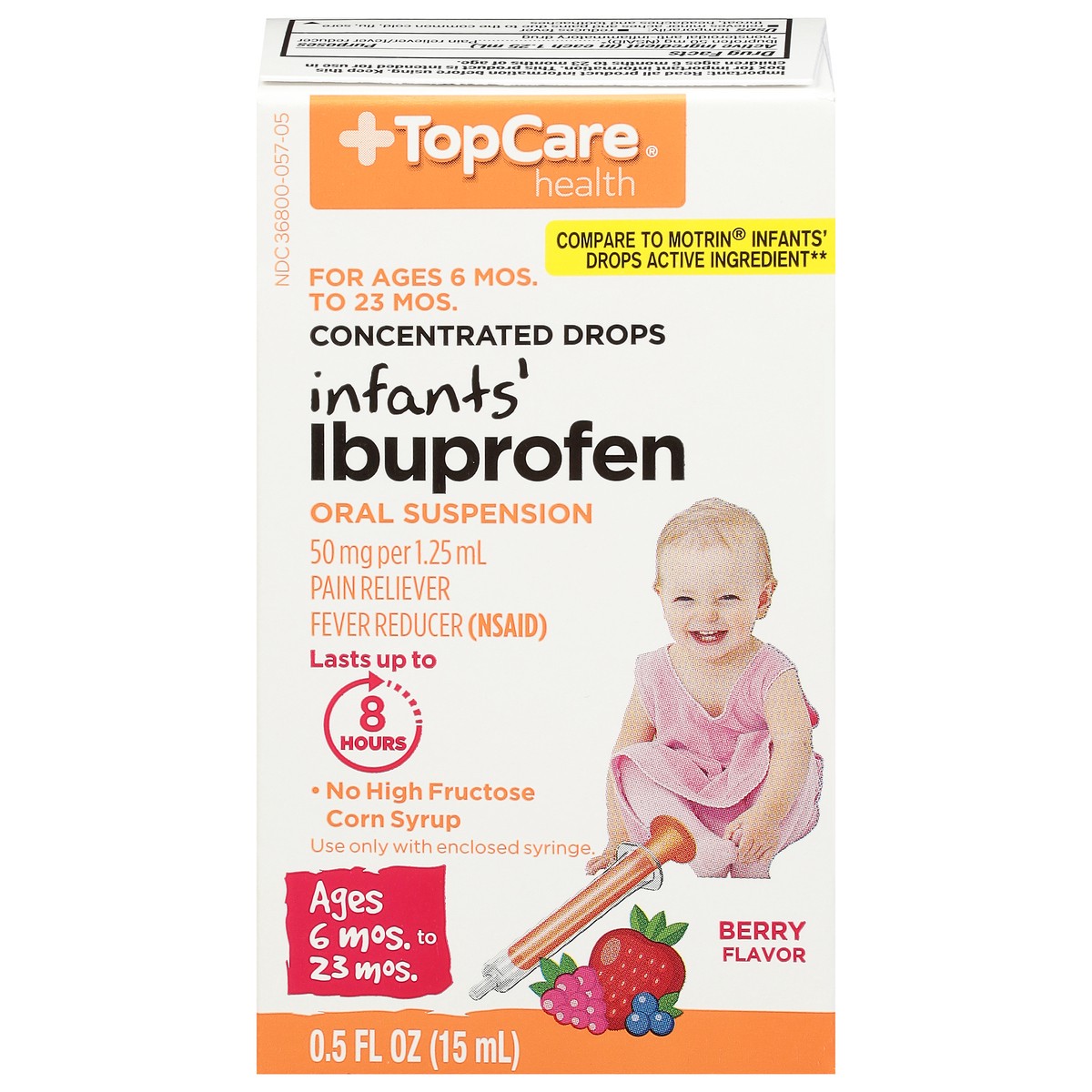 slide 1 of 15, TopCare Infants' Ibuprofen 50 Mg Pain Reliever / Fever Reducer (nsaid) Oral Suspension, Berry, 0.5 oz