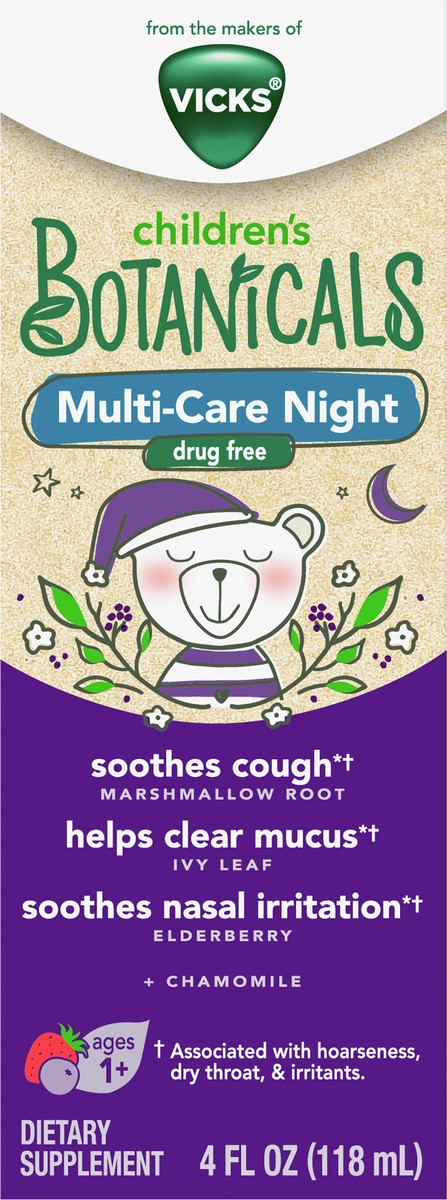 slide 2 of 2, Vicks Children''s Botanicals Cough Syrup + Mucus + Nasal*, Night, Drug Free, Free of Medicine, Delicious Kids'' Berry Flavor, 4 fl oz, Ages 1+, 4 fl oz