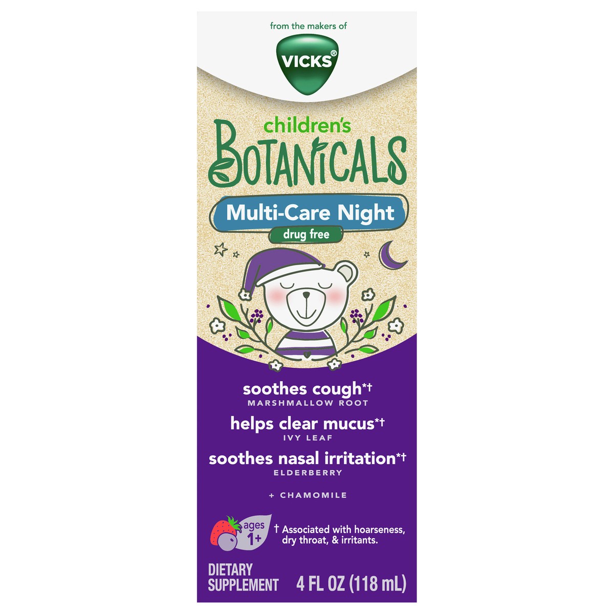 slide 1 of 2, Vicks Children''s Botanicals Cough Syrup + Mucus + Nasal*, Night, Drug Free, Free of Medicine, Delicious Kids'' Berry Flavor, 4 fl oz, Ages 1+, 4 fl oz