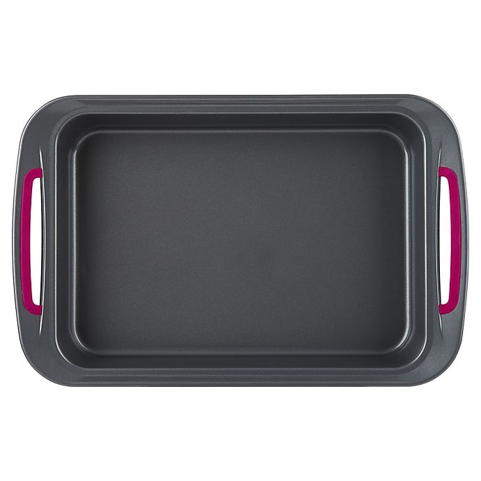 slide 2 of 6, Trudeau Nonstick Carbon Steel Oblong Cake Pan - Grey/Fuchsia, 9 in x 13 in