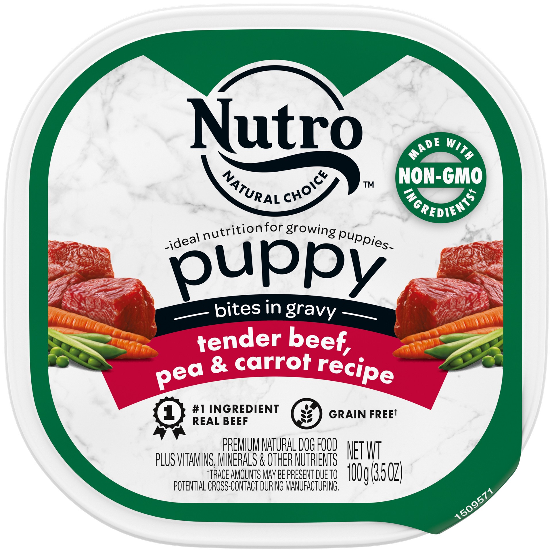 slide 1 of 3, Nutro Puppy Grain Free Natural Wet Dog Food Bites In Gravy Tender Beef, Pea & Carrot Recipe, (24) 3.5 Oz. Trays, 3.5 oz