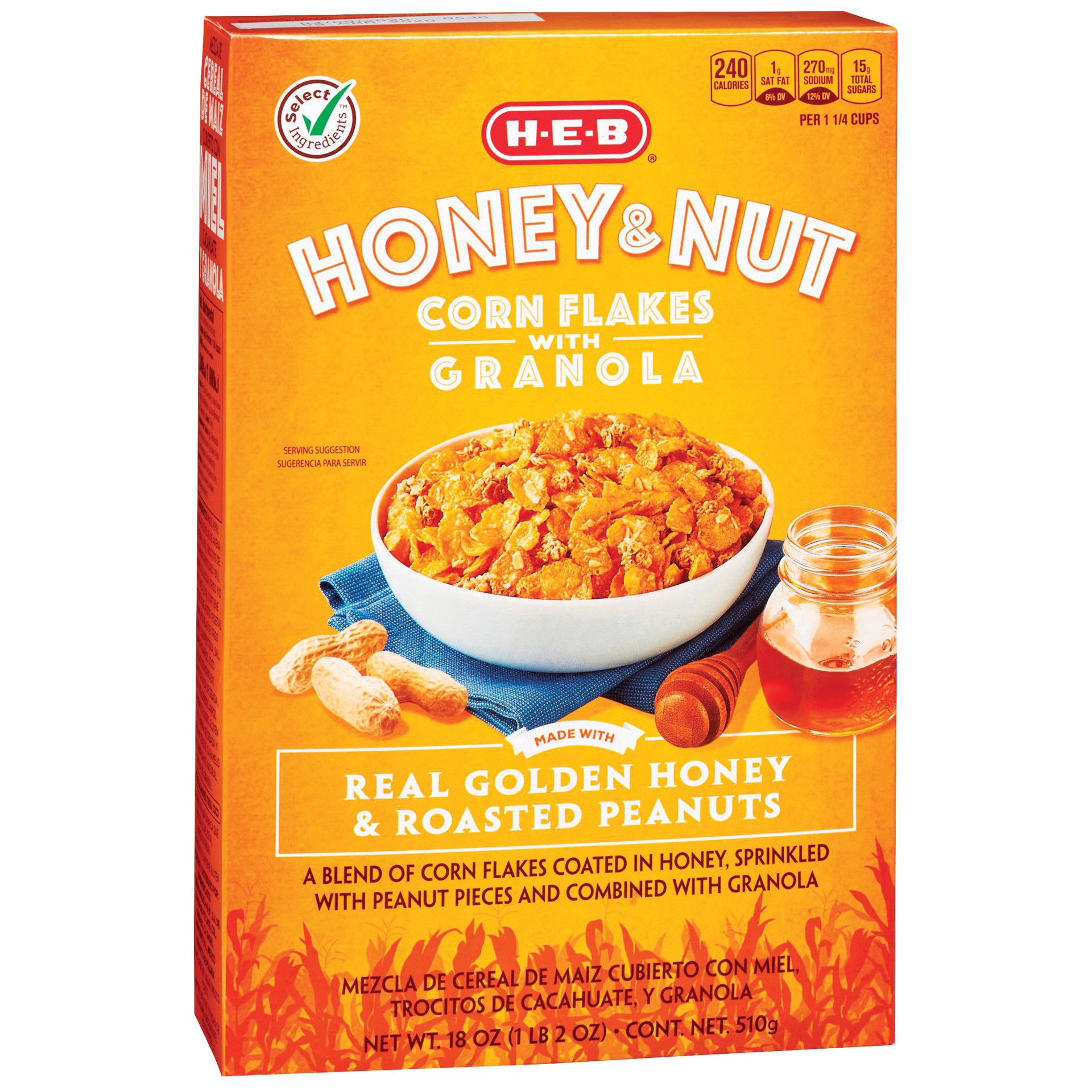 slide 1 of 1, H-E-B Honey & Nut Corn Flakes Cereal with Granola, 18 oz
