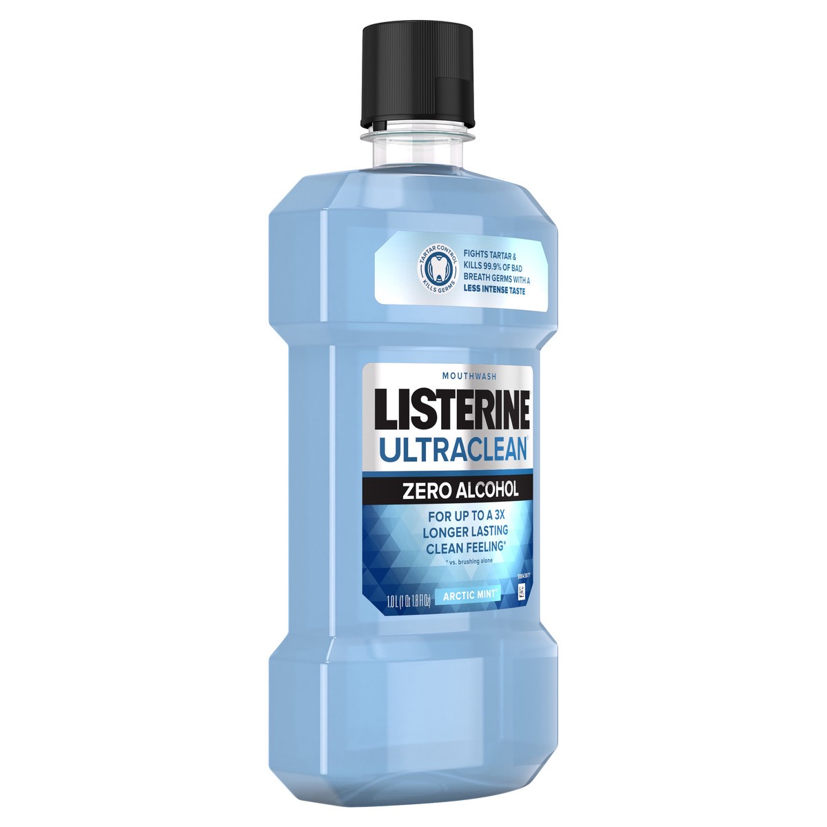 slide 6 of 6, Listerine Ultraclean Zero Alcohol Tartar Control Mouthwash, Oral Rinse to Help Fight Bad Breath and Tartar, for Cleaner, Naturally White Teeth, Less Intense Arctic Mint taste, 1 L, 1 liter