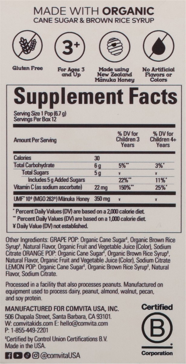 slide 2 of 14, Comvita Kids Manuka Honey Lemon/Orange/Grape Soothing Lollipops 12 ea, 12 ct