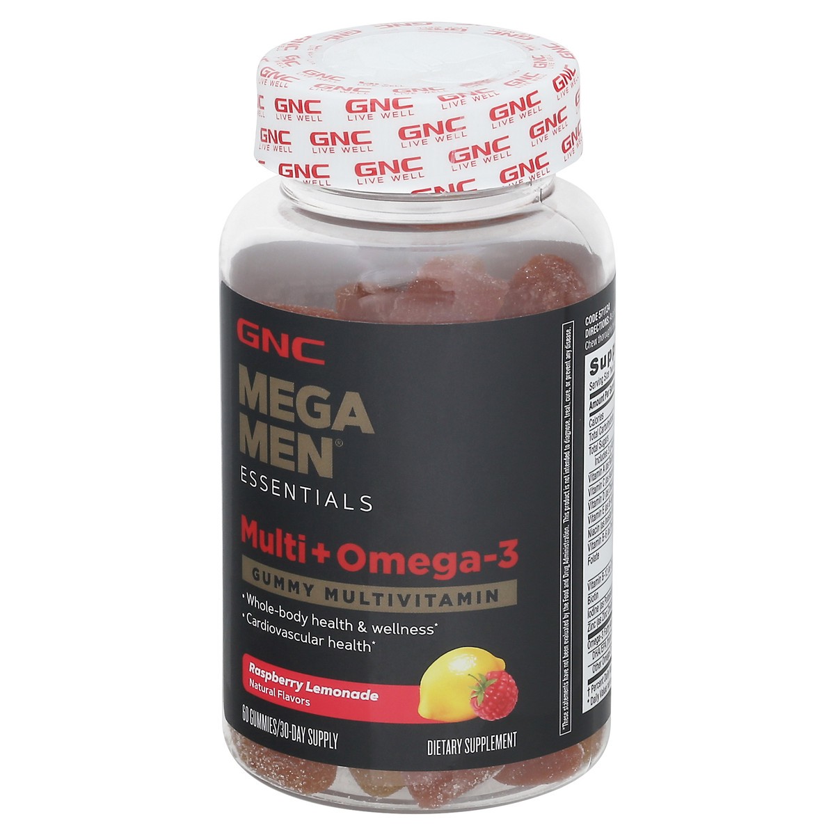 slide 7 of 13, GNC Mega Men Multi + Omega -3 Raspberry Lemonade Gummy Multivitamin 60 ea, 60 ct