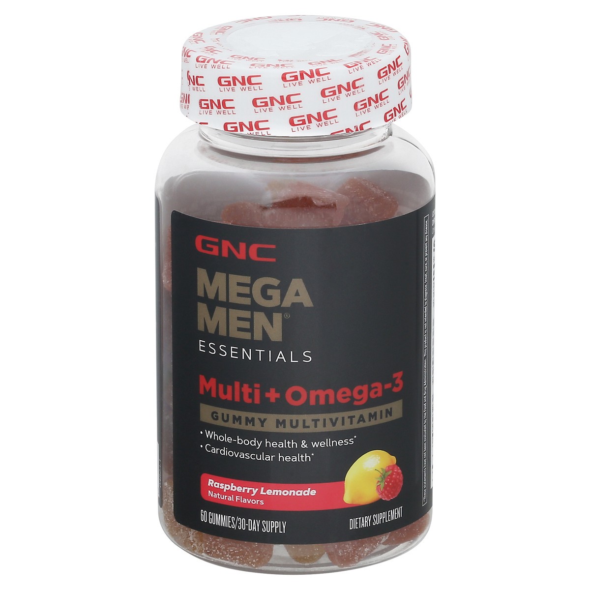 slide 1 of 13, GNC Mega Men Multi + Omega -3 Raspberry Lemonade Gummy Multivitamin 60 ea, 60 ct