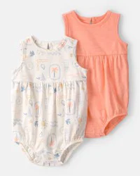 Baby Girl 2-Pack Beach Cotton Bubble Rompers - Orange/Ivory - 9M