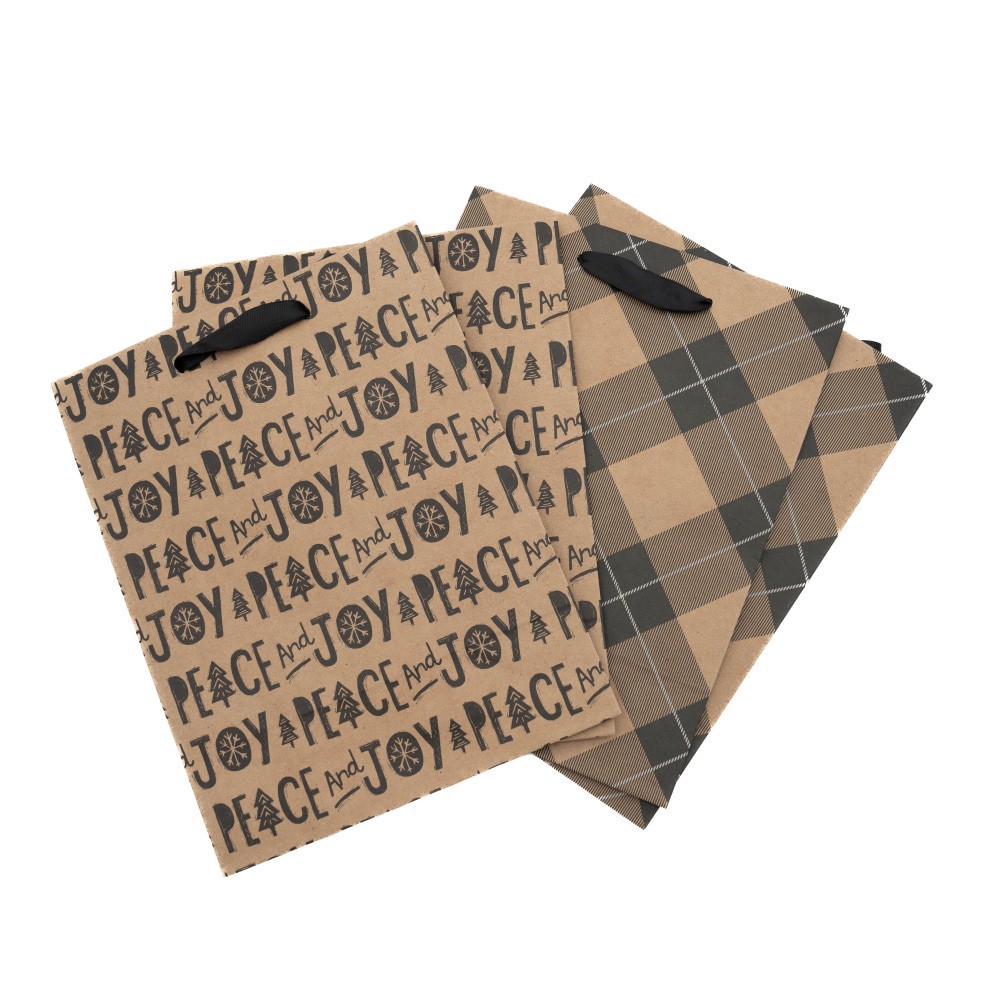 slide 2 of 3, Holiday Home Peace / Joy Plaid Kraft Bags, 4 ct