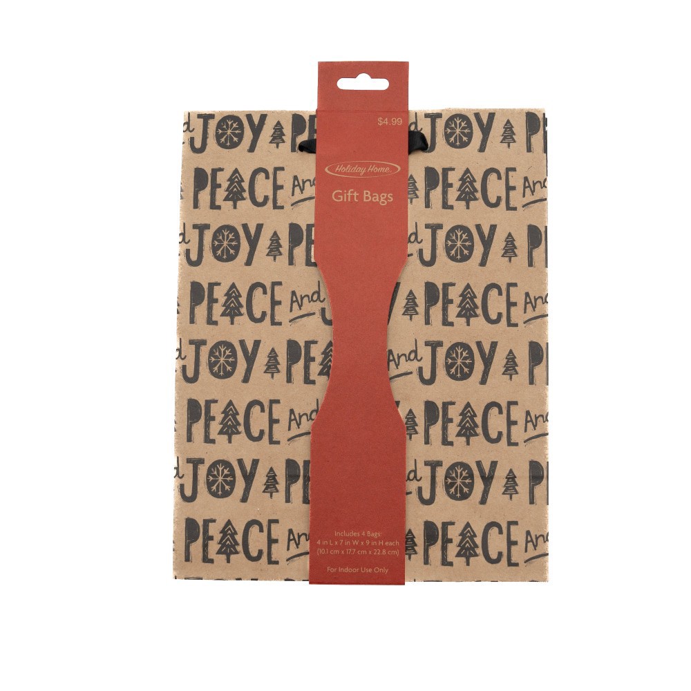 slide 3 of 3, Holiday Home Peace / Joy Plaid Kraft Bags, 4 ct