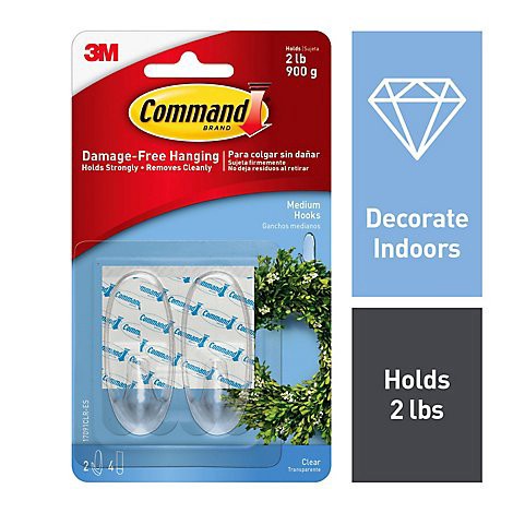 slide 1 of 1, 3m Command Hook 2 Clear Hooks With 4 Clear Strips Medium - Each, 1 ct