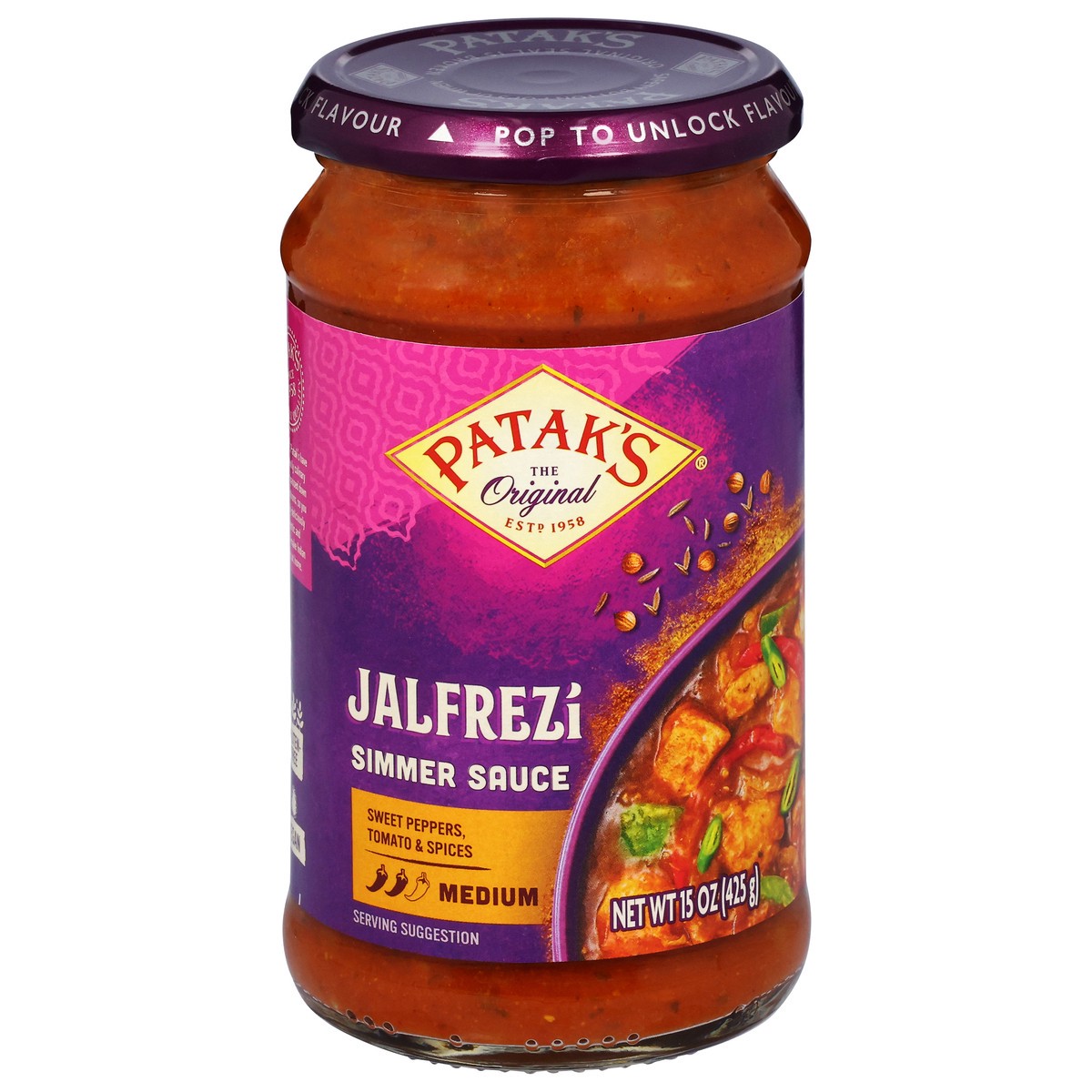 slide 1 of 13, Patak's Medium Jalfrezi Curry Simmer Sauce 15 oz, 15 oz