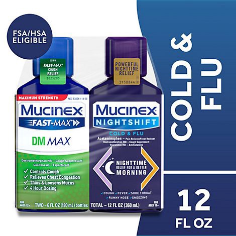 slide 1 of 1, Mucinex Fast-Max Dm Max And Nightshift Cold & Flu Medicine Liquid - 2-6 Fl. Oz., 6 fl oz