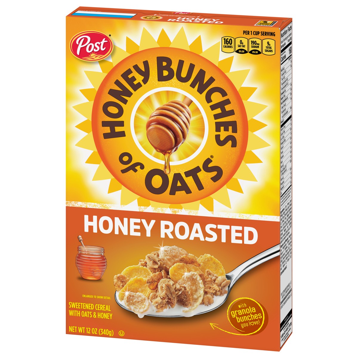 slide 2 of 8, Post Honey Bunches of Oats Honey Roasted Breakfast Cereal, 12 OZ Cereal Box, 12 oz