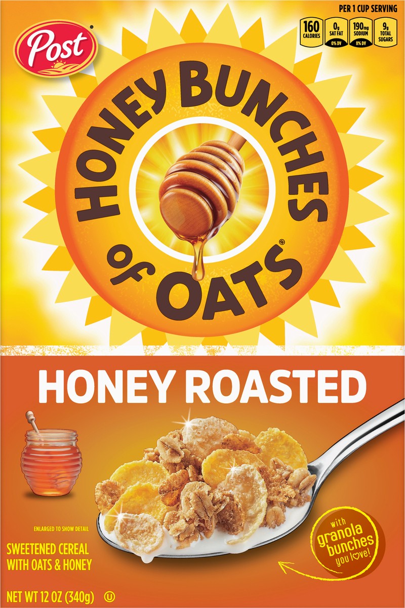 slide 6 of 8, Post Honey Bunches of Oats Honey Roasted Breakfast Cereal, 12 OZ Cereal Box, 12 oz