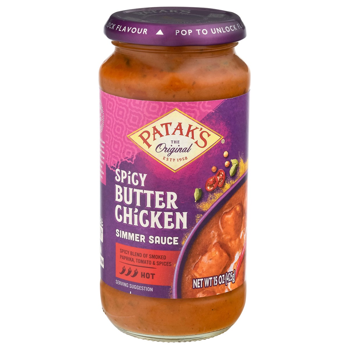 slide 1 of 9, Patak's Hot Spicy Butter Chicken Simmer Sauce 15 oz, 15 oz