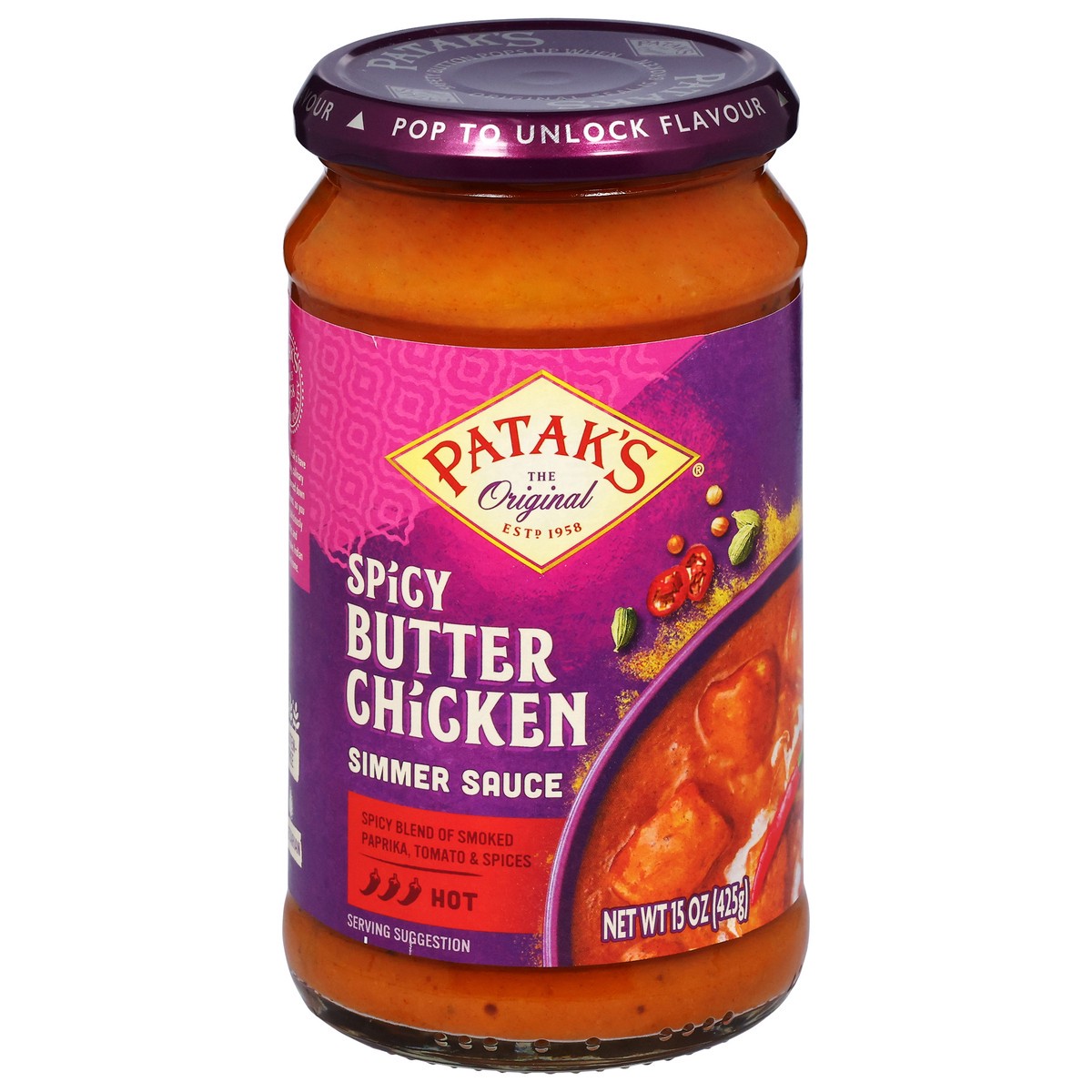 slide 1 of 9, Patak's Spicy Butter Chicken Simmer Sauce 15 oz, 15 oz