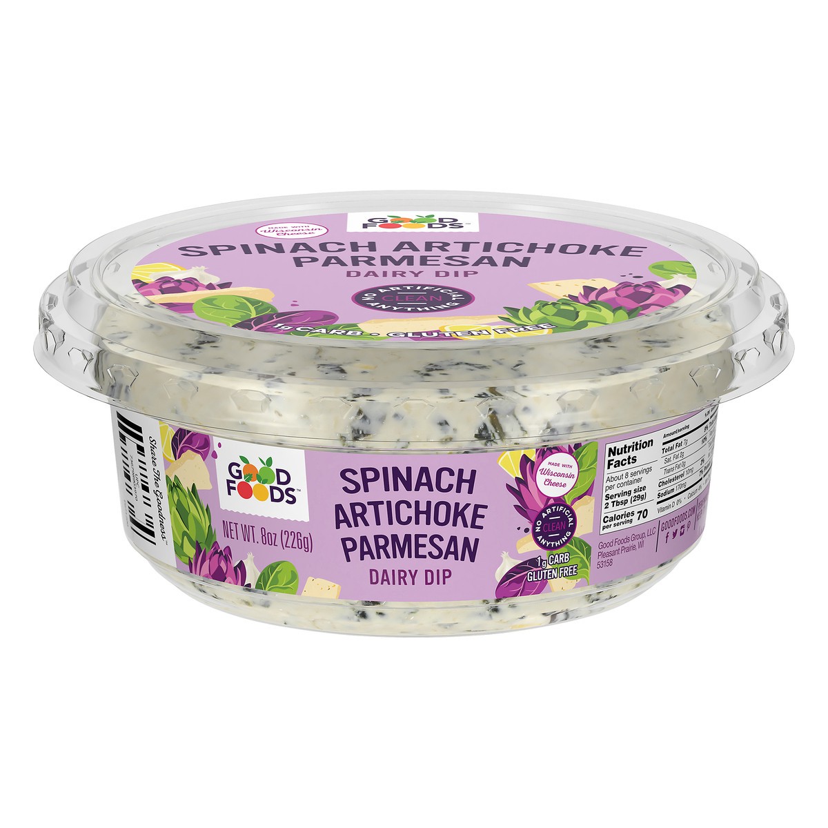 slide 1 of 14, Good Foods™ Spinach Artichoke Parmesan Dairy Dip 8 oz. Tub,