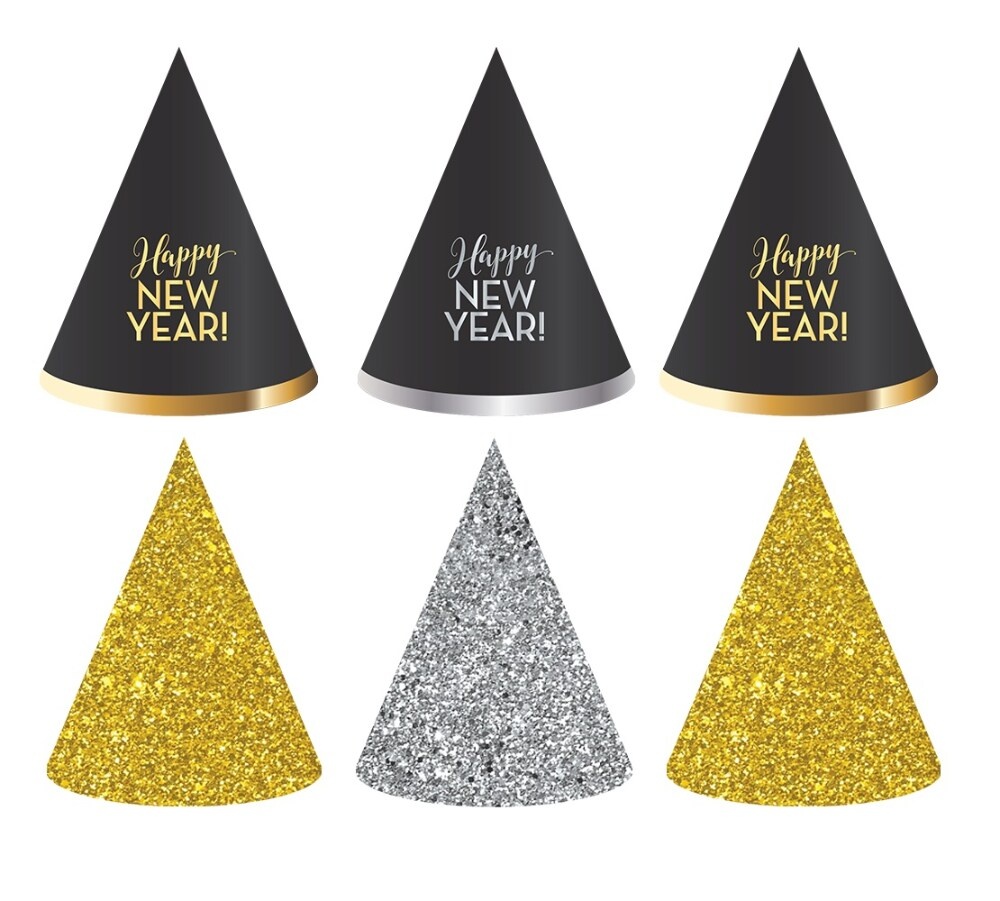 slide 1 of 1, Ampro Glitter Cone Hats - Black/Silver/Gold, 6 ct