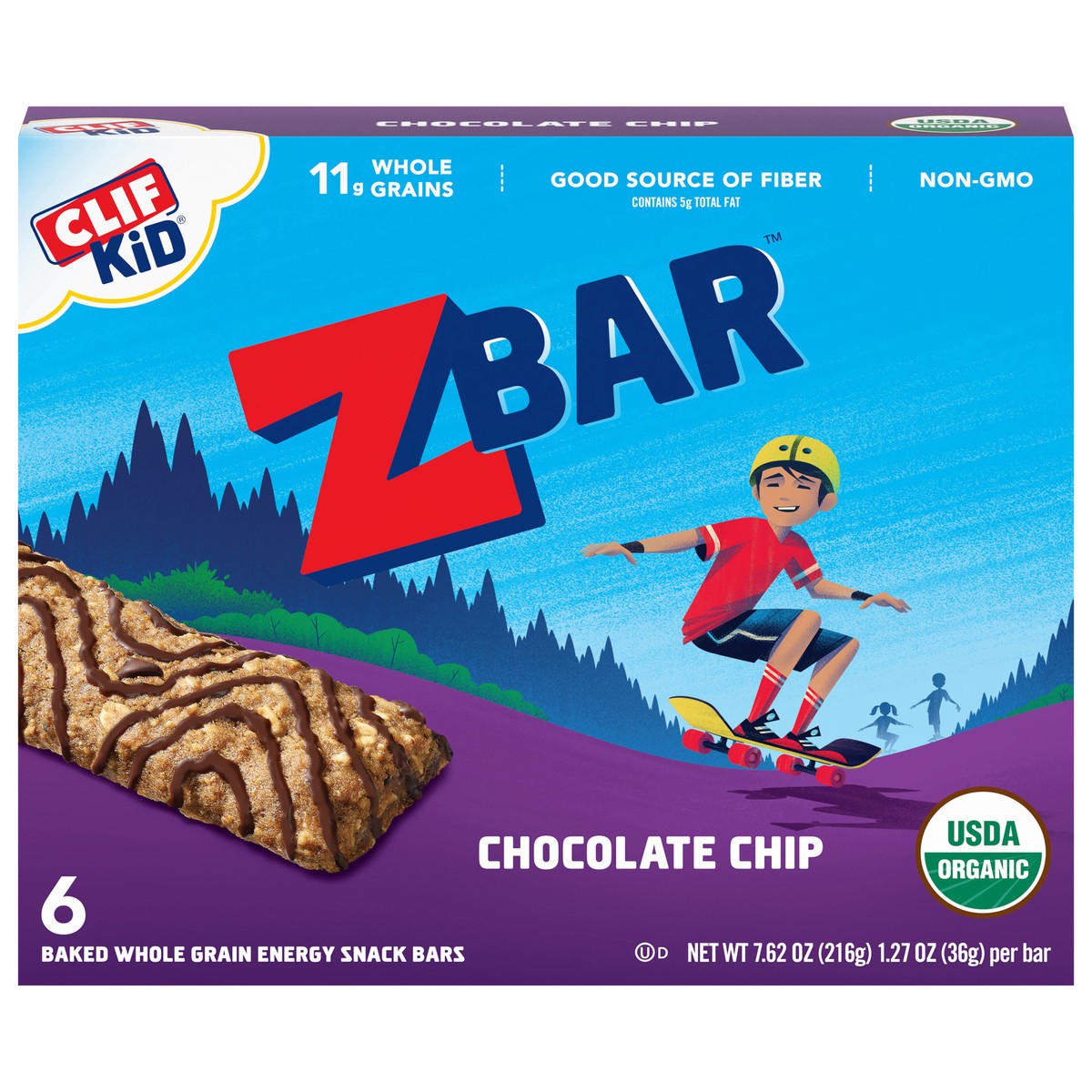 slide 1 of 9, CLIF Kid Zbar - Chocolate Chip - Soft Baked Whole Grain Snack Bars - USDA Organic - Non-GMO - Plant-Based - 1.27 oz. (6 Pack), 7.62 oz