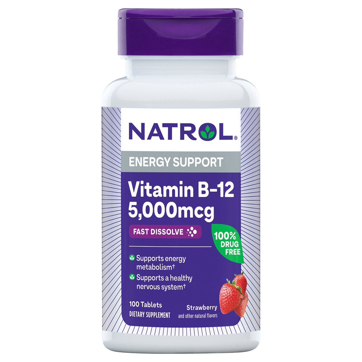 slide 2 of 7, Natrol Vitamin B-12 5000mcg, Dietary Supplement for Cellular Energy Production & Healthy Nervous System Support, 100 Strawberry-Flavored Fast Dissolve Tablets, 100 Day Supply, 100 ct