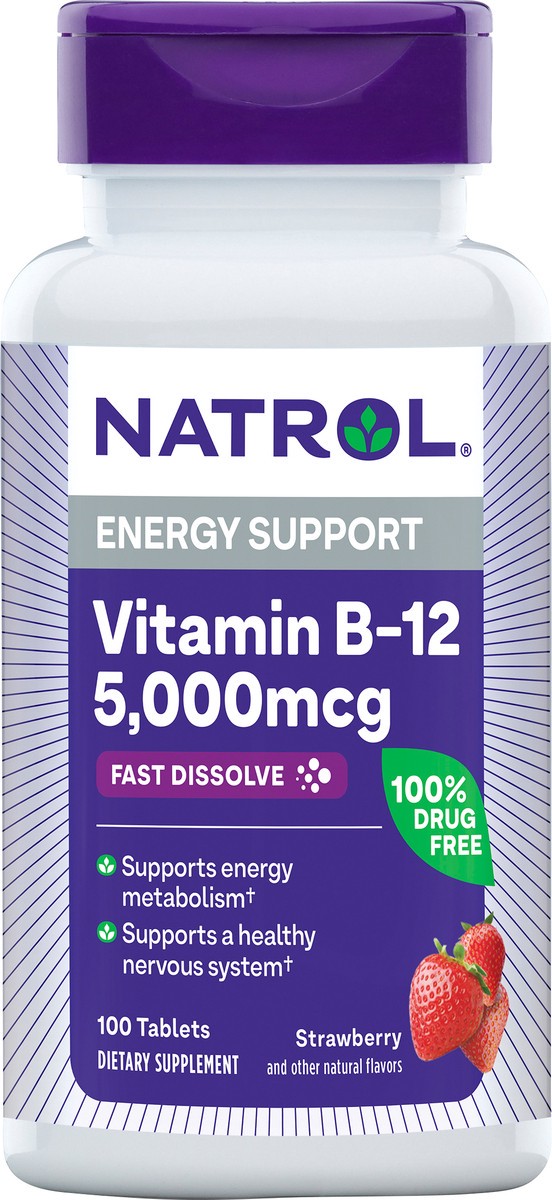 slide 4 of 7, Natrol Vitamin B-12 5000mcg, Dietary Supplement for Cellular Energy Production & Healthy Nervous System Support, 100 Strawberry-Flavored Fast Dissolve Tablets, 100 Day Supply, 100 ct