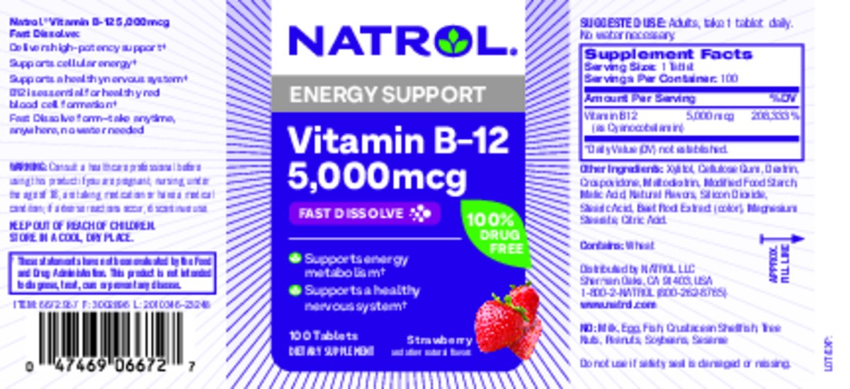slide 7 of 7, Natrol Vitamin B-12 5000mcg, Dietary Supplement for Cellular Energy Production & Healthy Nervous System Support, 100 Strawberry-Flavored Fast Dissolve Tablets, 100 Day Supply, 100 ct