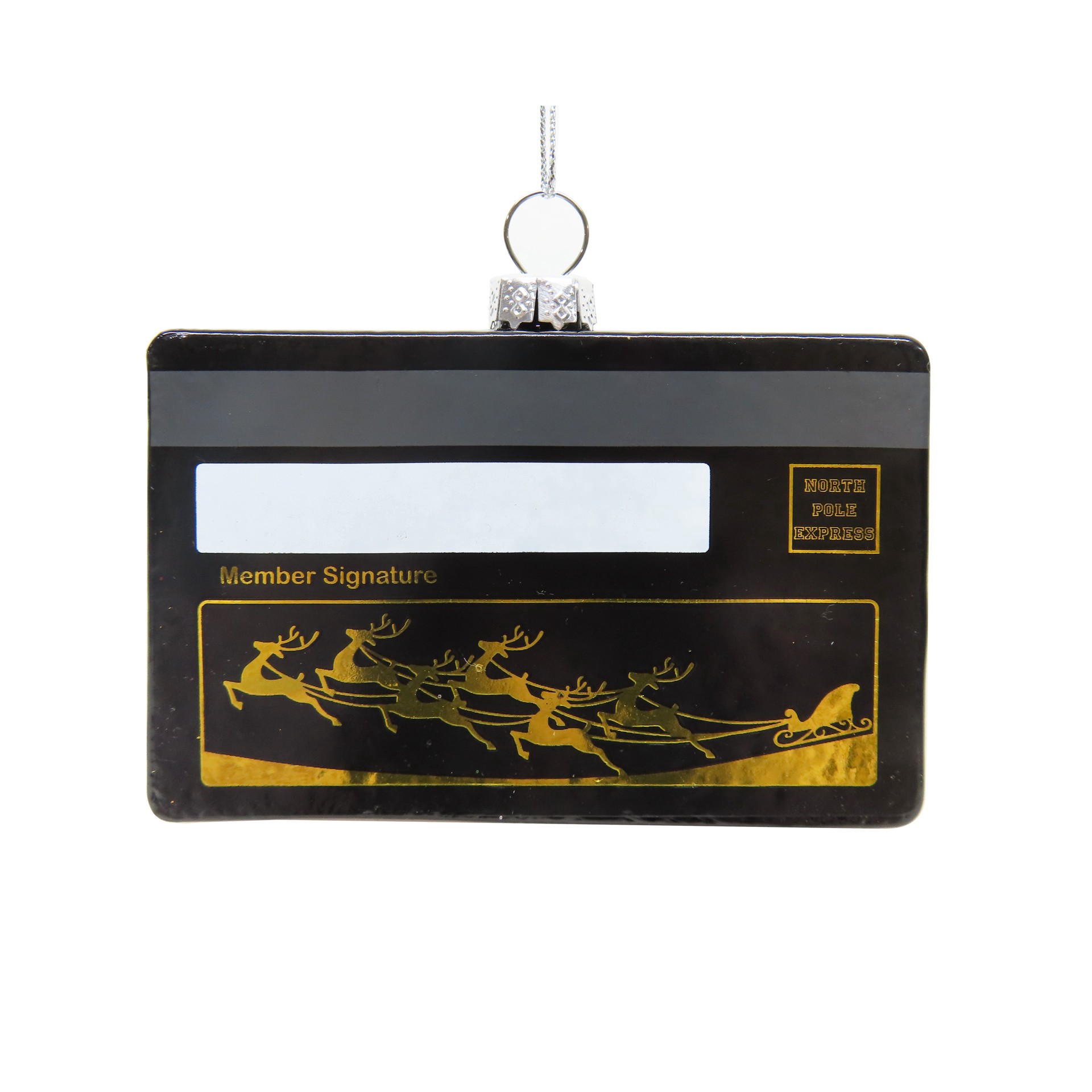 slide 2 of 2, 3.5" Black North Pole Express Credit Card Glass Ornament By Ashland, 3.5 in x 0.5 in x 2.25 in