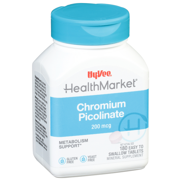 slide 1 of 1, Hy-Vee HealthMarket Chromium Picolinate Dietary Supplement 200Mcg Tablets, 180 ct