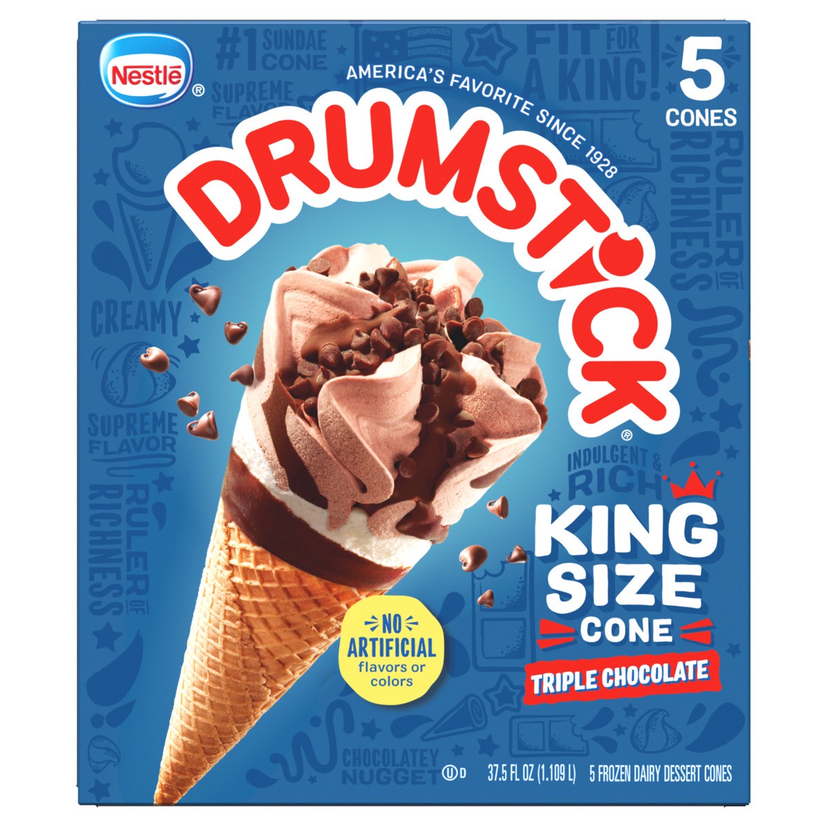 slide 1 of 5, Drumstick Triple Chocolate Frozen Dairy Dessert Cones King Size 5 ea, 37.5 fl oz