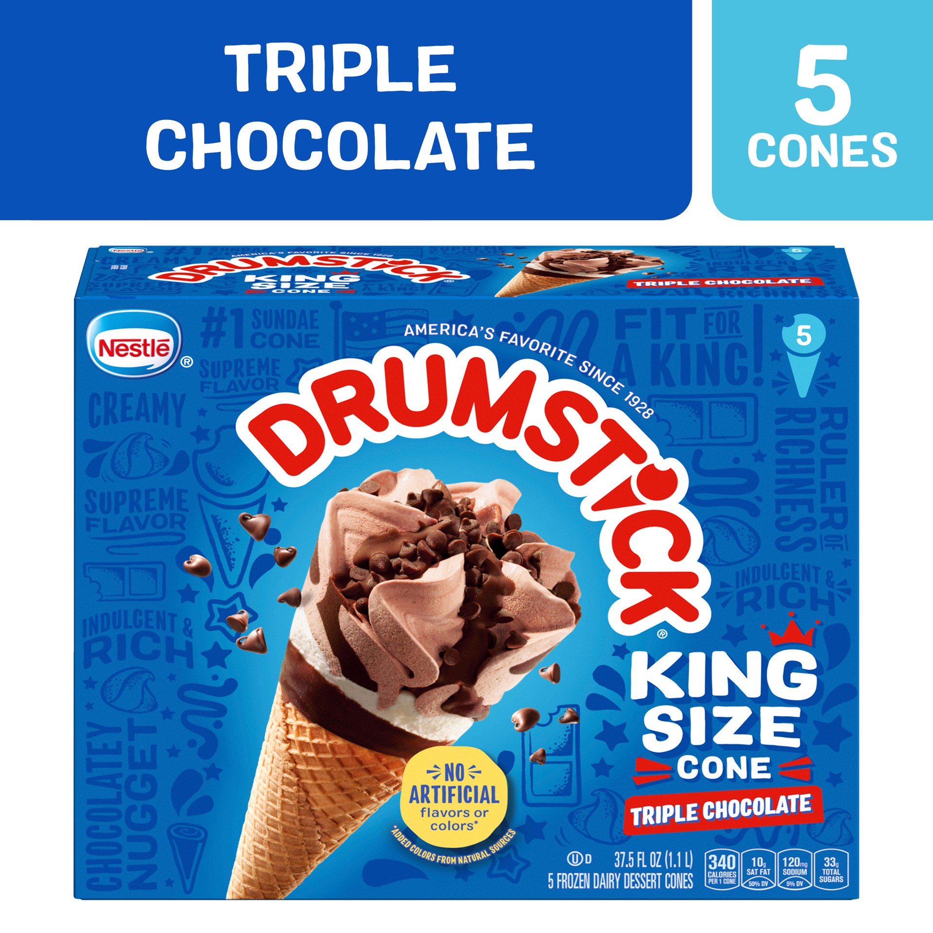 slide 3 of 5, Drumstick Triple Chocolate Frozen Dairy Dessert Cones King Size 5 ea, 37.5 fl oz