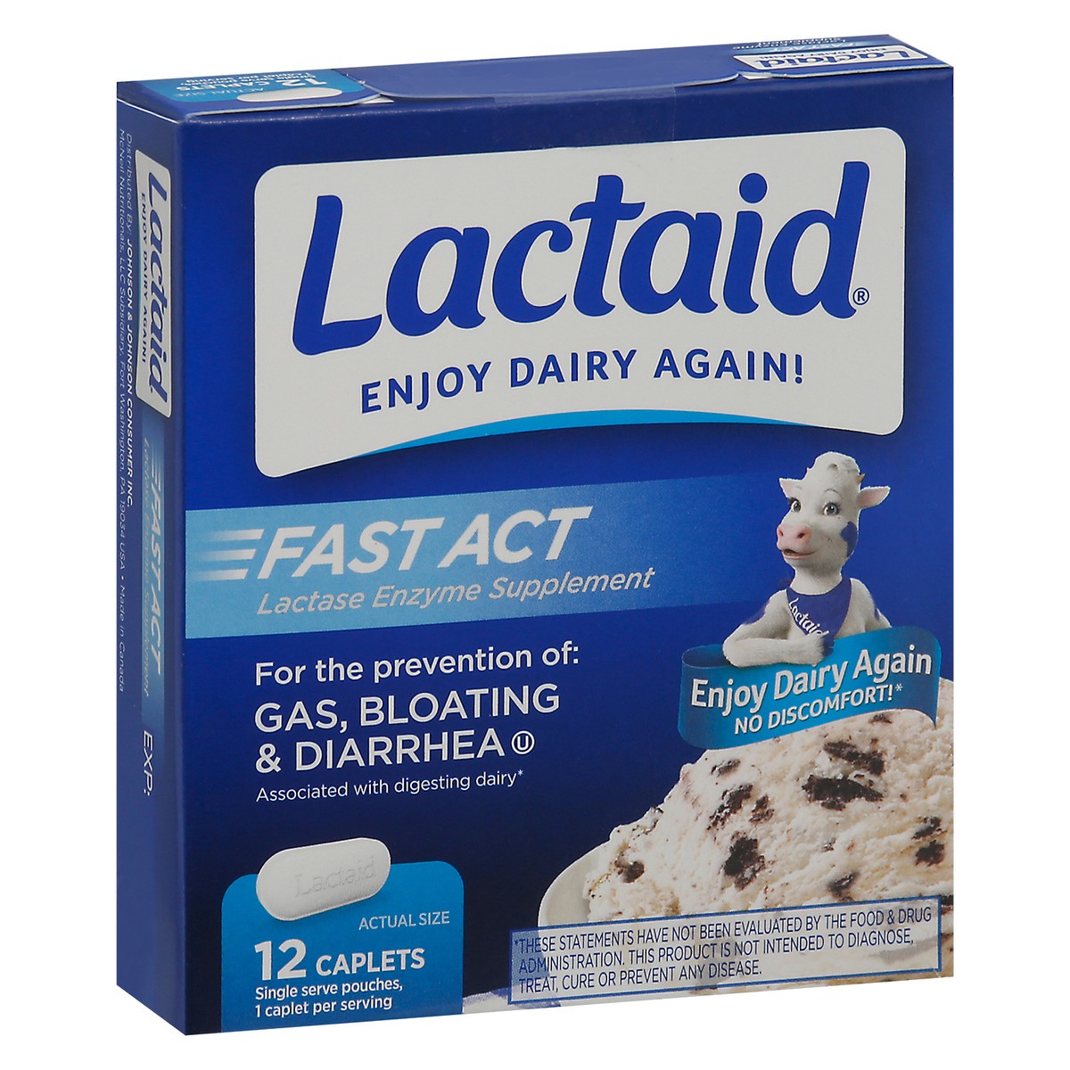 slide 5 of 9, Lactaid Fast Act Lactose Intolerance Relief Caplets with Lactase Enzyme to Prevent Gas, Bloating & Diarrhea Due to Lactose Sensitivity, Ideal for Travel & On-the-Go, 12 Packs of 1-count, 12 ct