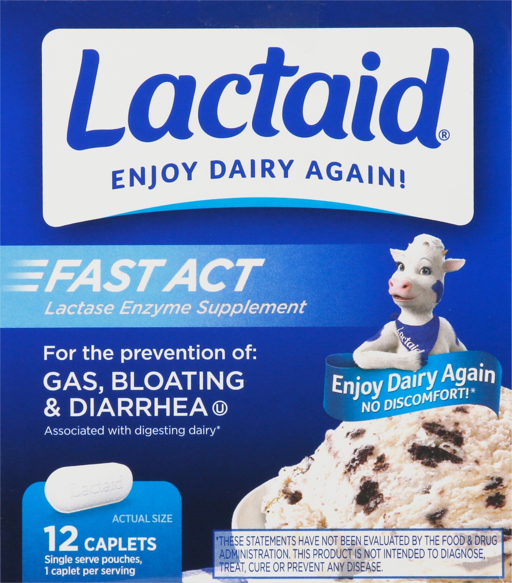slide 3 of 9, Lactaid Fast Act Lactose Intolerance Relief Caplets with Lactase Enzyme to Prevent Gas, Bloating & Diarrhea Due to Lactose Sensitivity, Ideal for Travel & On-the-Go, 12 Packs of 1-count, 12 ct