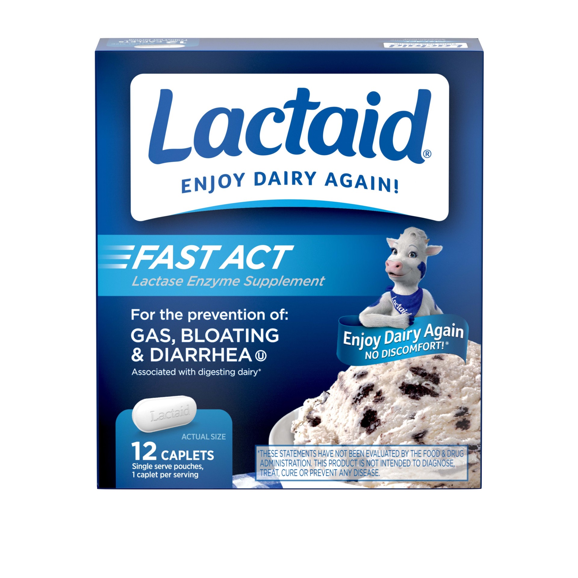 slide 1 of 9, Lactaid Fast Act Lactose Intolerance Relief Caplets with Lactase Enzyme to Prevent Gas, Bloating & Diarrhea Due to Lactose Sensitivity, Ideal for Travel & On-the-Go, 12 Packs of 1-count, 12 ct