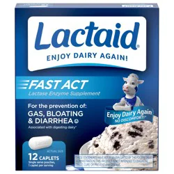 Lactaid Fast Act Lactose Intolerance Relief Caplets with Lactase Enzyme to Prevent Gas, Bloating & Diarrhea Due to Lactose Sensitivity, Ideal for Travel & On-the-Go, 12 Packs of 1-count