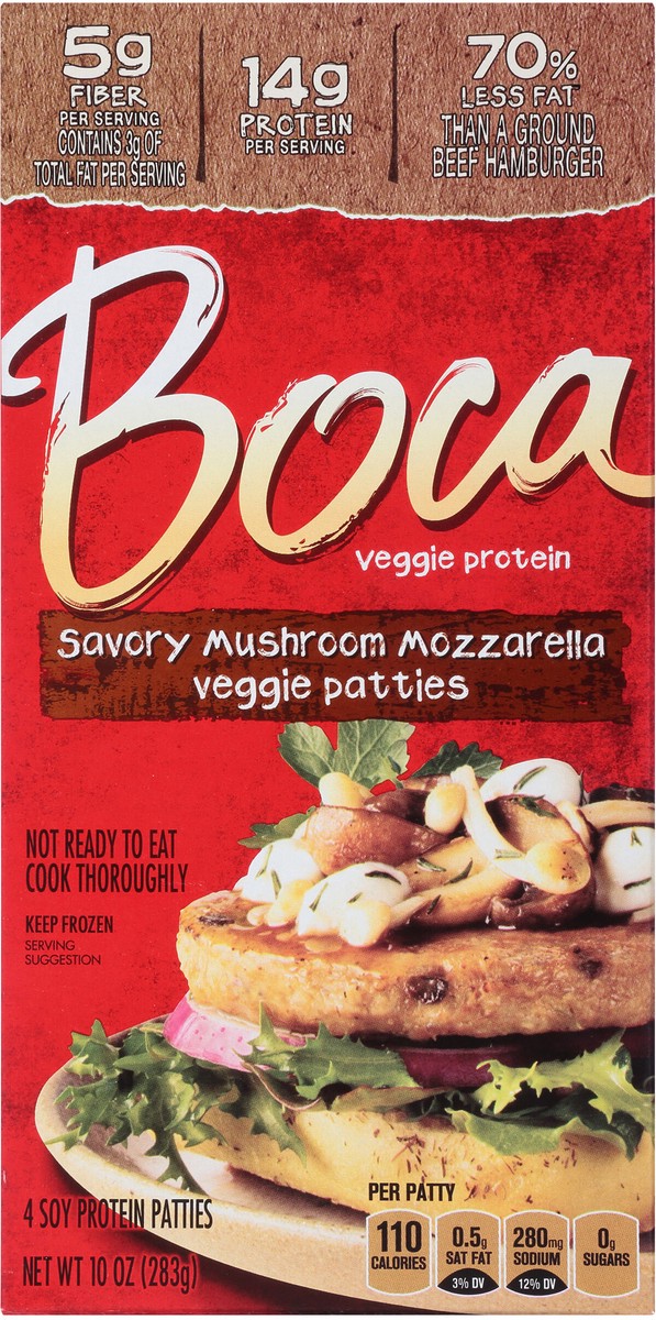 slide 3 of 14, BOCA Mushroom Mozzarella Veggie Patties, 4 ct - 10.0 oz Box, 10 oz