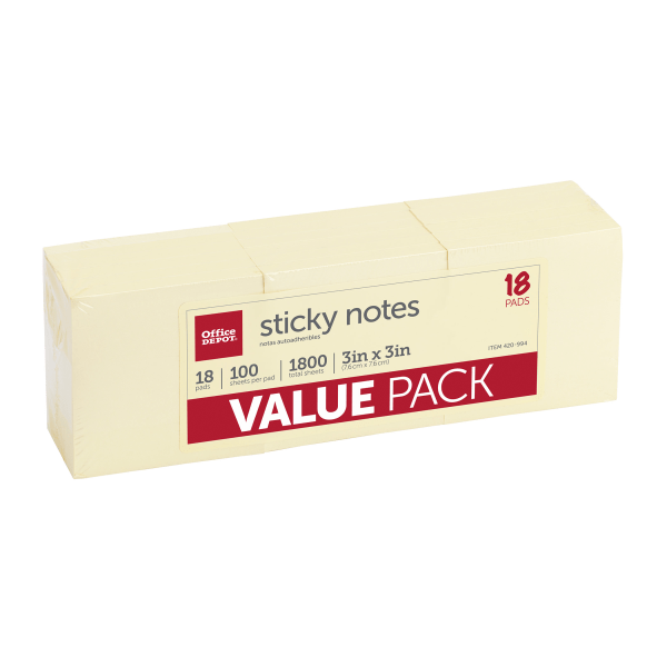 slide 1 of 2, Office Depot Brand Sticky Notes Value Pack, 3'' X 3'', Yellow, 100 Sheets Per Pad, Pack Of 18, 18 ct