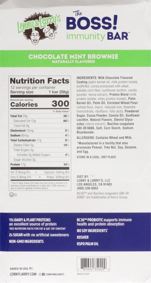 slide 11 of 14, Lenny & Larry's The Boss! Immunity Bar Crunchy Chocolate Mint Brownie Wafer Bars 12 - 2.05 oz Bars, 12 ct
