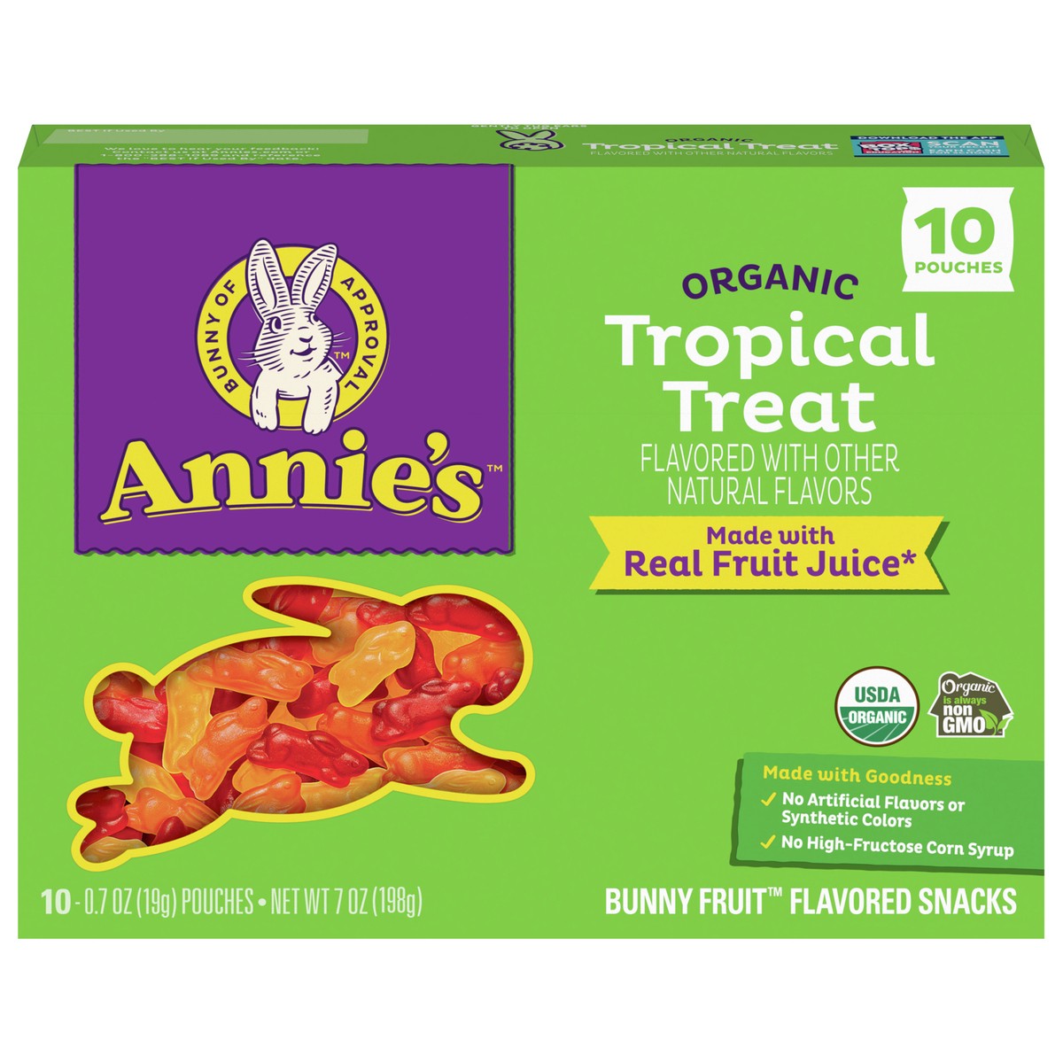 slide 1 of 9, Annie's Organic Bunny Fruit Flavored Snacks, Tropical Treat, Gluten Free, 10 Pouches, 7 oz, 10 ct